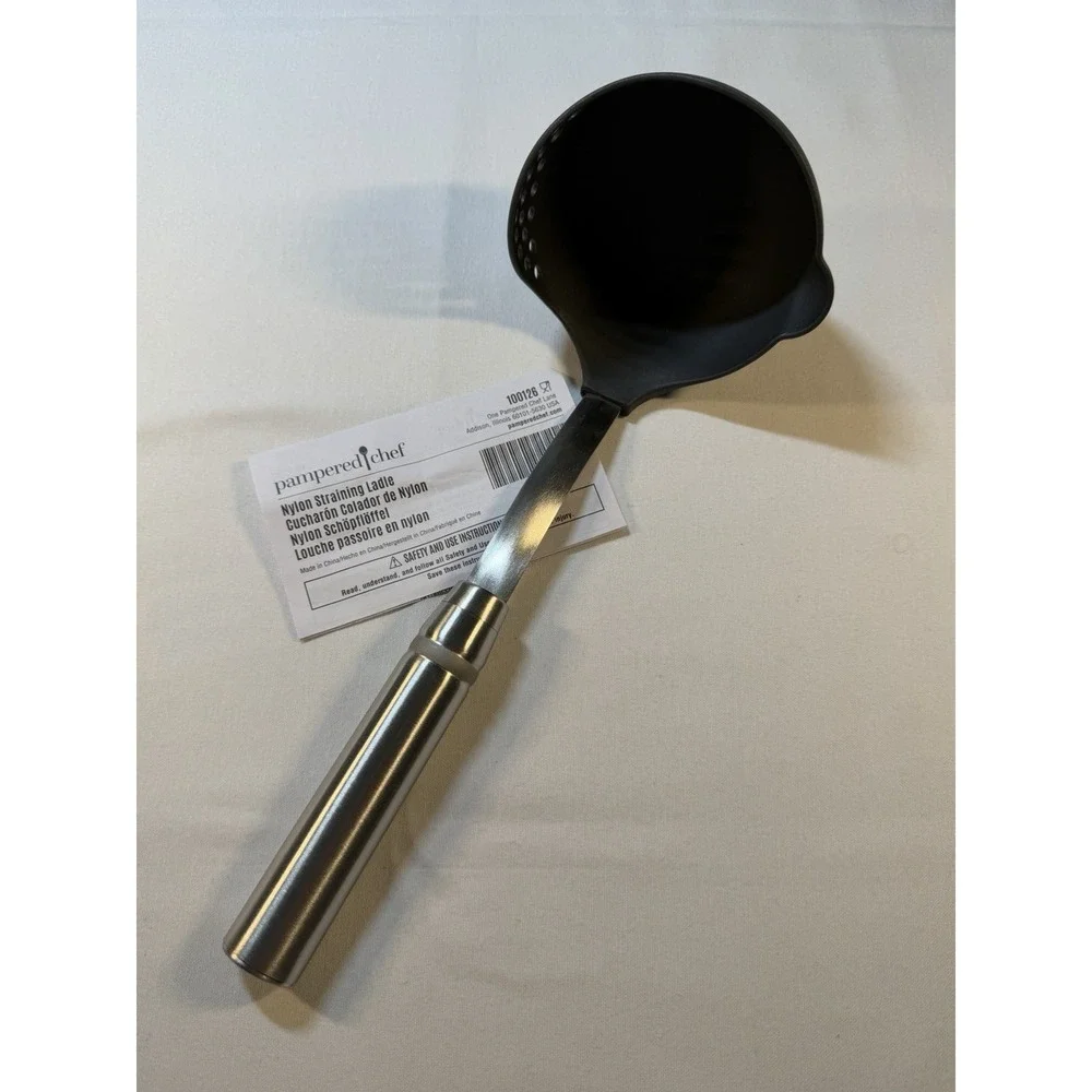 Pampered Chef Nylon Straining Ladle #100126 No Roll Steel Handle‎ 12-1/2